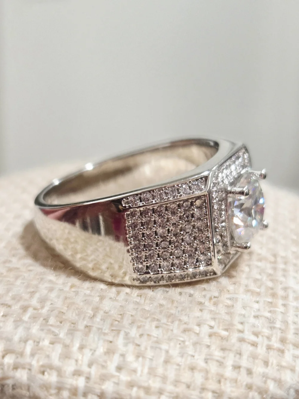 Pave Men's Statement Ring with Center Round Moissanite Stone